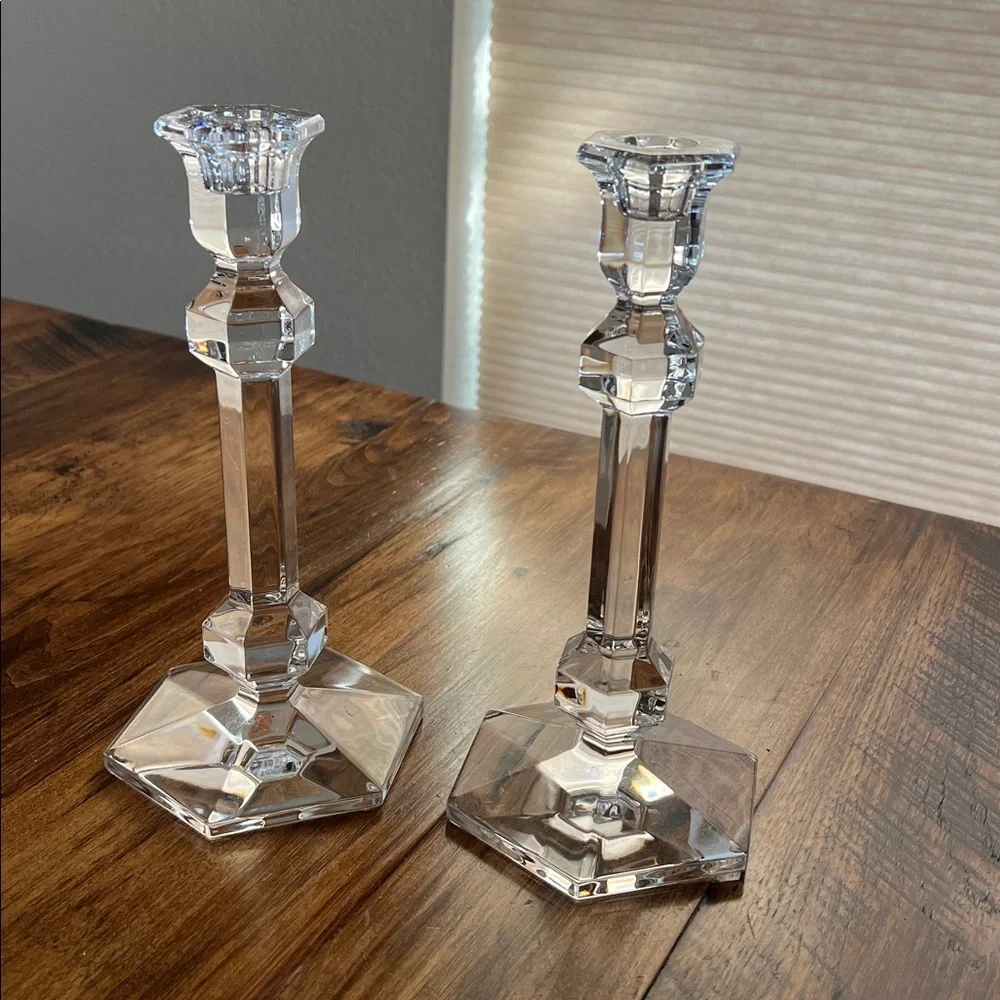Vintage Pair of Val St. Lambert Gardenia Crystal Candlesticks Like New Signed